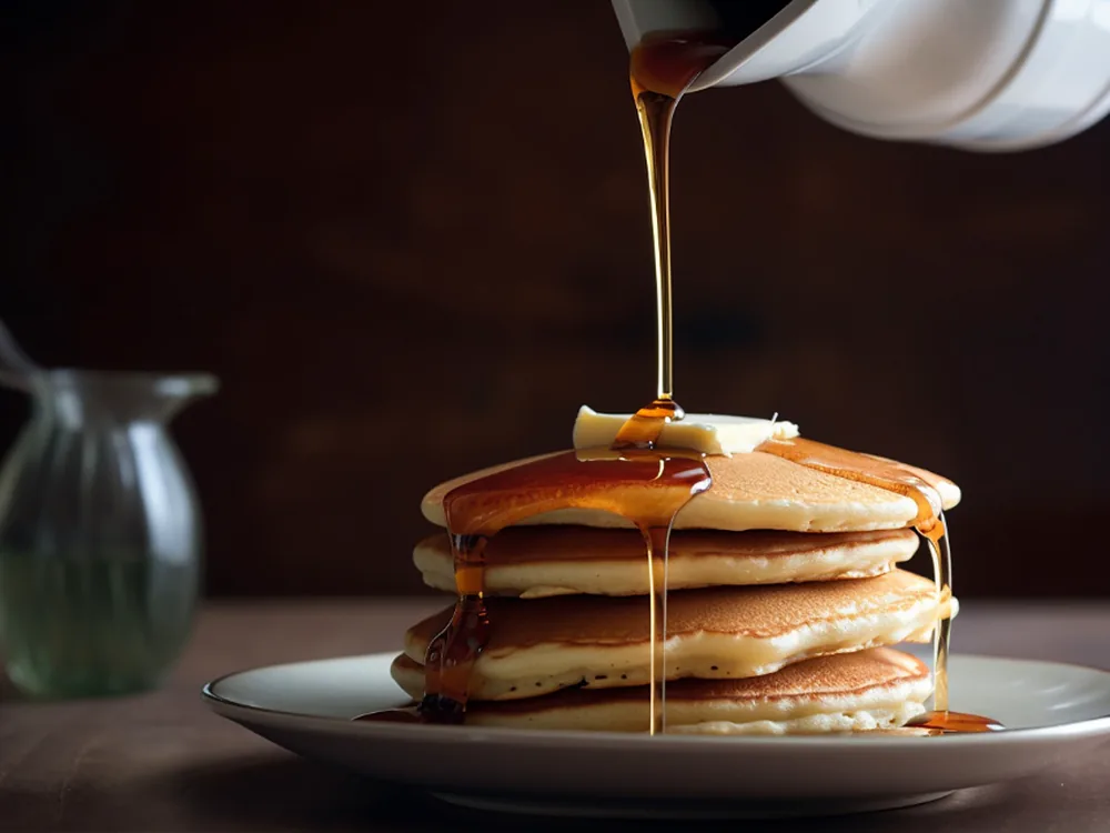 Dark date syrup being poured in a slow ribbon over a stack of pancakes.